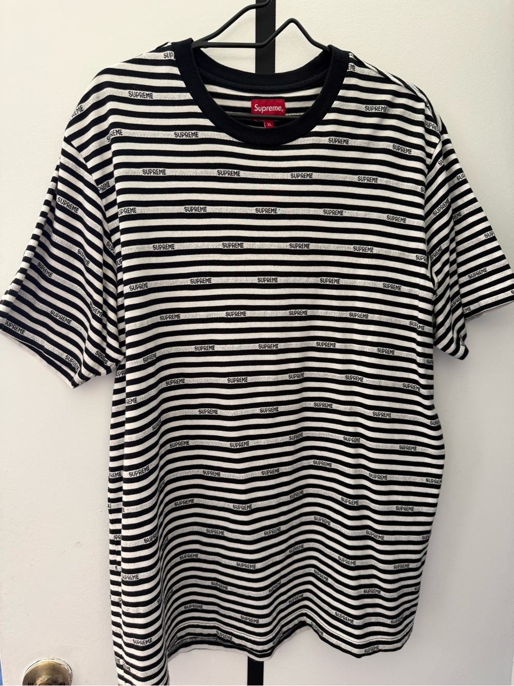 Supreme Black & White Striped Logo Tee Shirt